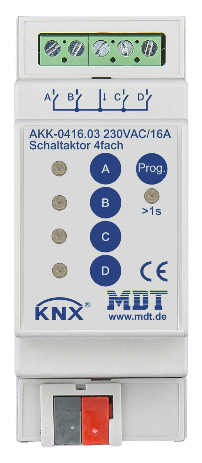 MDT Schaltaktor 4-fach, 2TE, REG, 16A, 230VAC, Kompakt, 70µF, 10EVG