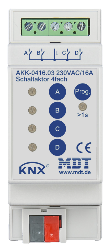 MDT Schaltaktor 4-fach, 2TE, REG, 16A, 230VAC, Kompakt, 70µF, 10EVG