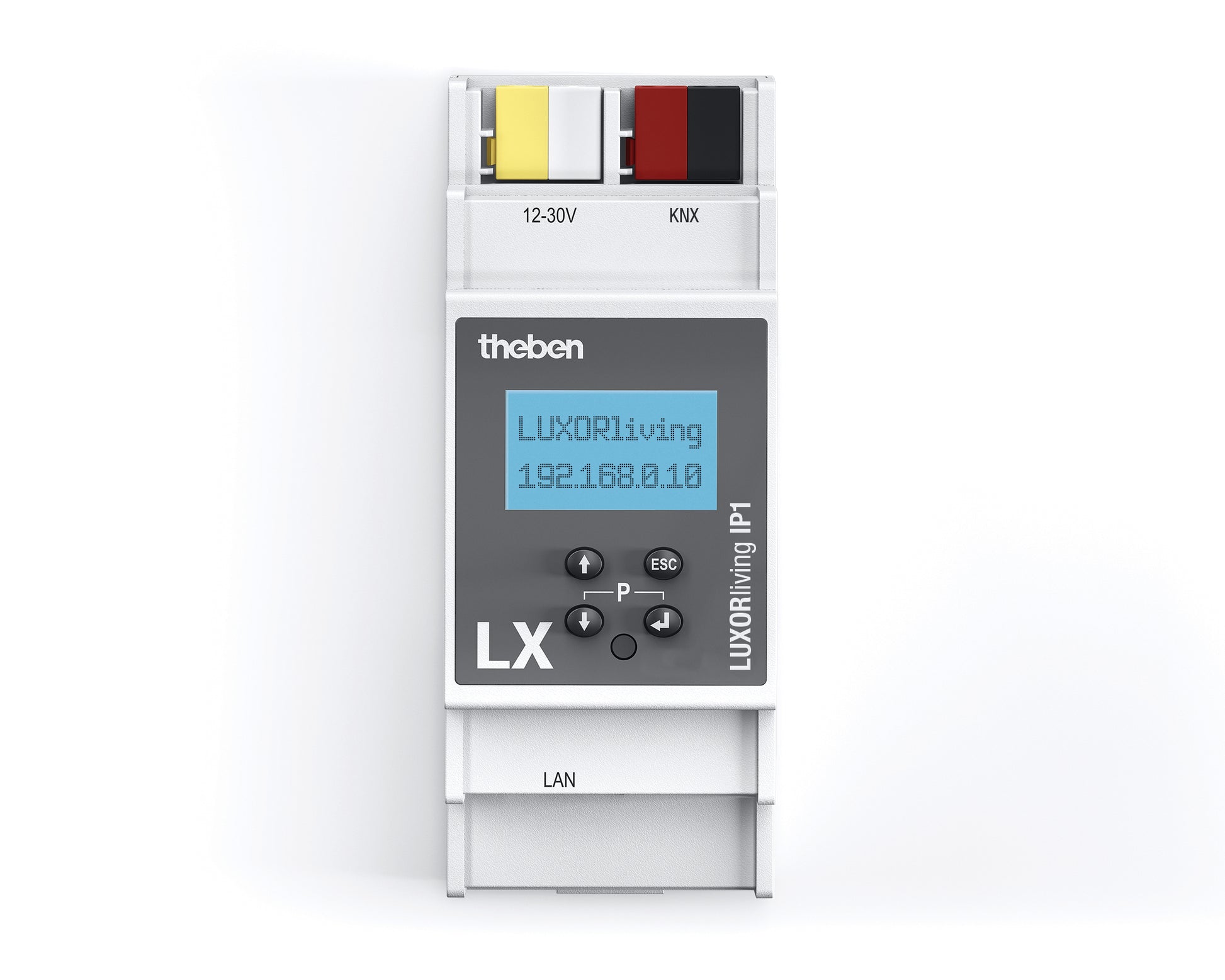Haus- und Gebäudieautomaton LUXORliving LUXORliving IP1, von Theben.  Systemzentrale LUXORliving für die Inbetriebnahme des LUXORliving Systems via LUXORplug Software.