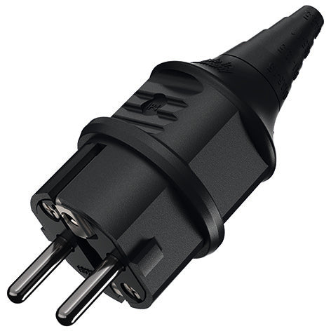 Stecker von Mennekes. Mit doppeltem Schutzleiter nach deutscher und französisch/belgischer Norm.