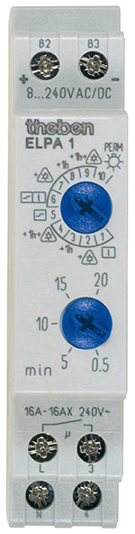 Elektronischer Treppenlicht-Zeitschalter von Theben. Multifunktionsgerät mit 10 wählbaren Funktionen, einstellbar an der Gerätefront.