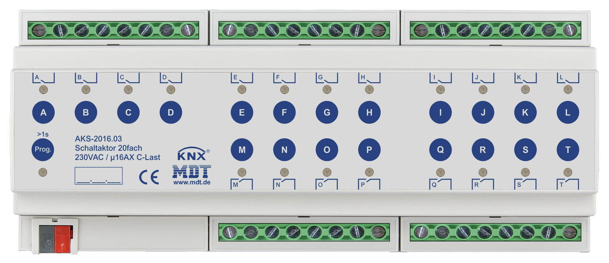 MDT Schaltaktor 20-fach, 12TE, REG, 16A, 230VAC, C-Last, Standard, 140µF