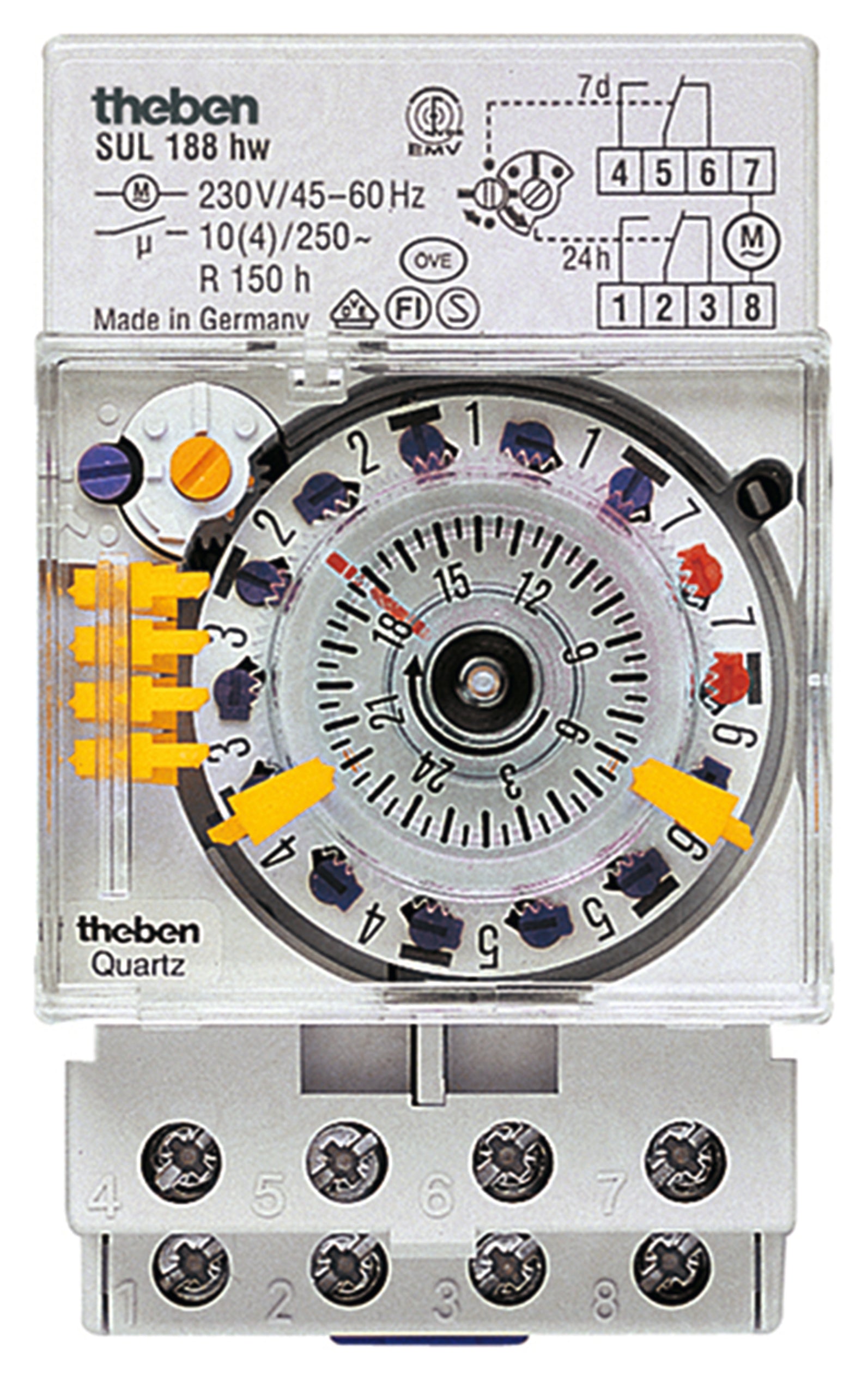 Analoge Zeitschaltuhr, SUL 188 wh, von Theben. Tages-/Wochenprogramm und 1/2 Tages-AUS-Funktion der Wochentage.