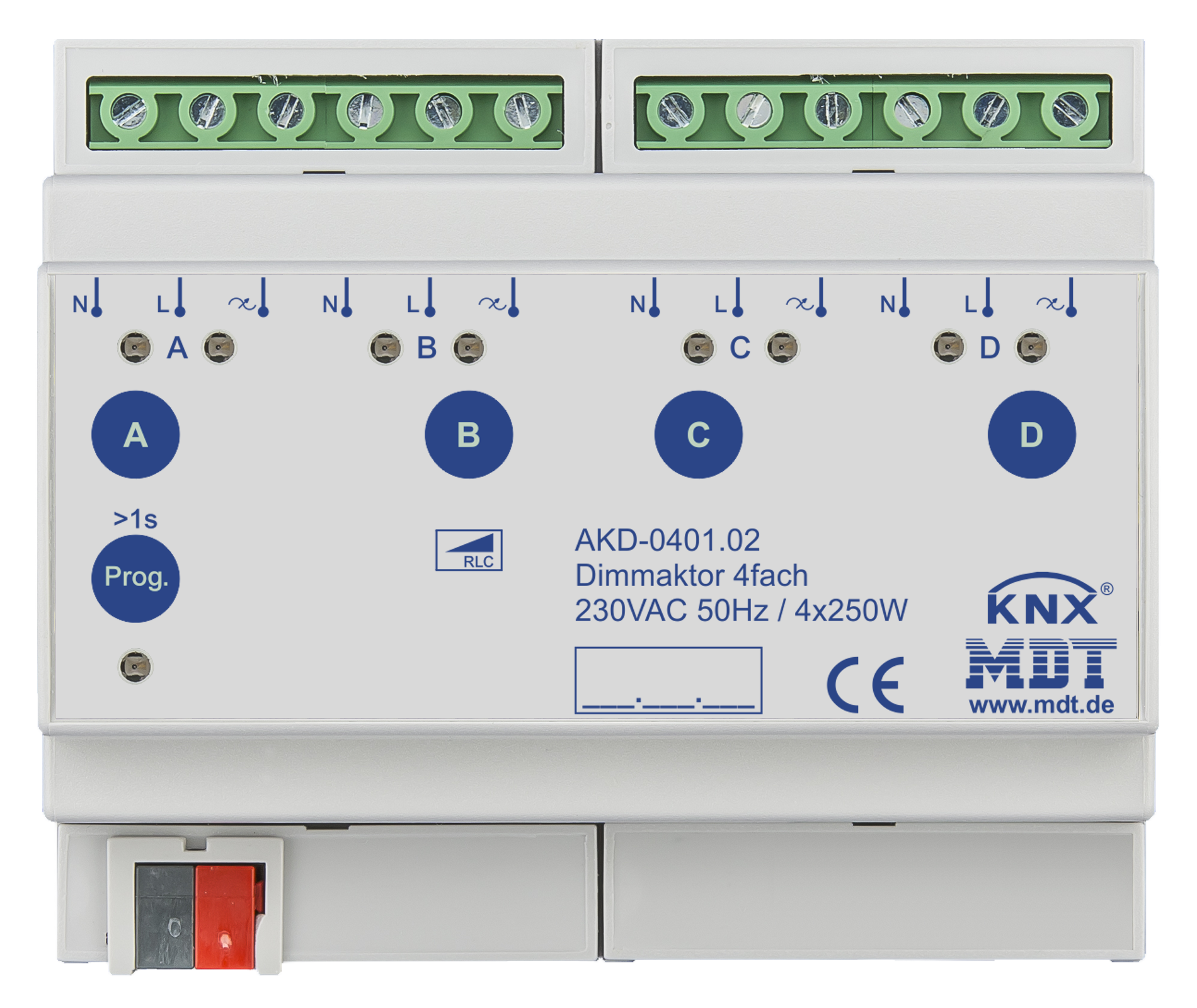 MDT Dimmaktor 4-fach, 6TE REG, 250W, 230VAC mit Wirkleistungsmessung