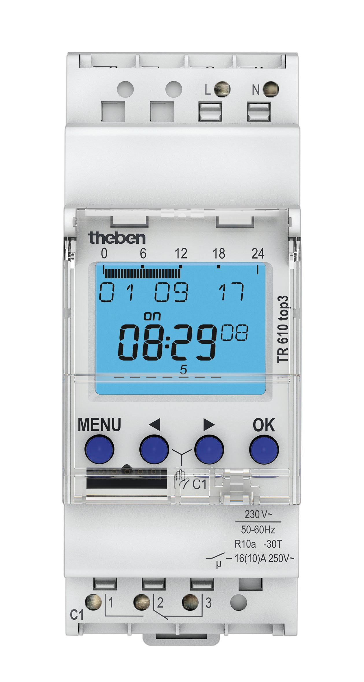  Digitale Zeitschaltuhr mit Wochenprogramm, TR 610 top3, von Theben. Maximale Manipulationssicherheit, Zeitschaltprogramme können nur dann von der App in die Uhr übertragen werden, wenn der Bluetooth OBELISK top3 in der Uhr steckt. Servicefunktion zur Überwachung von Wartungsintervallen. 