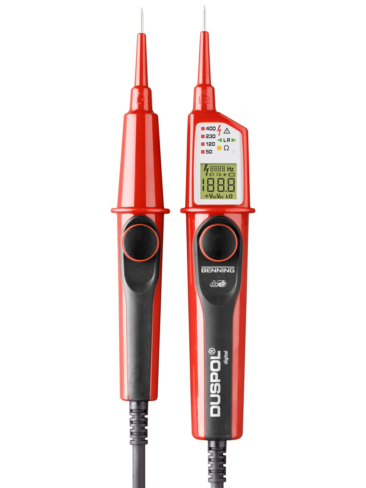 Digitaler True RMS Spannungsprüfer von Benning mit der Spannungsanzeige LED/LCD.