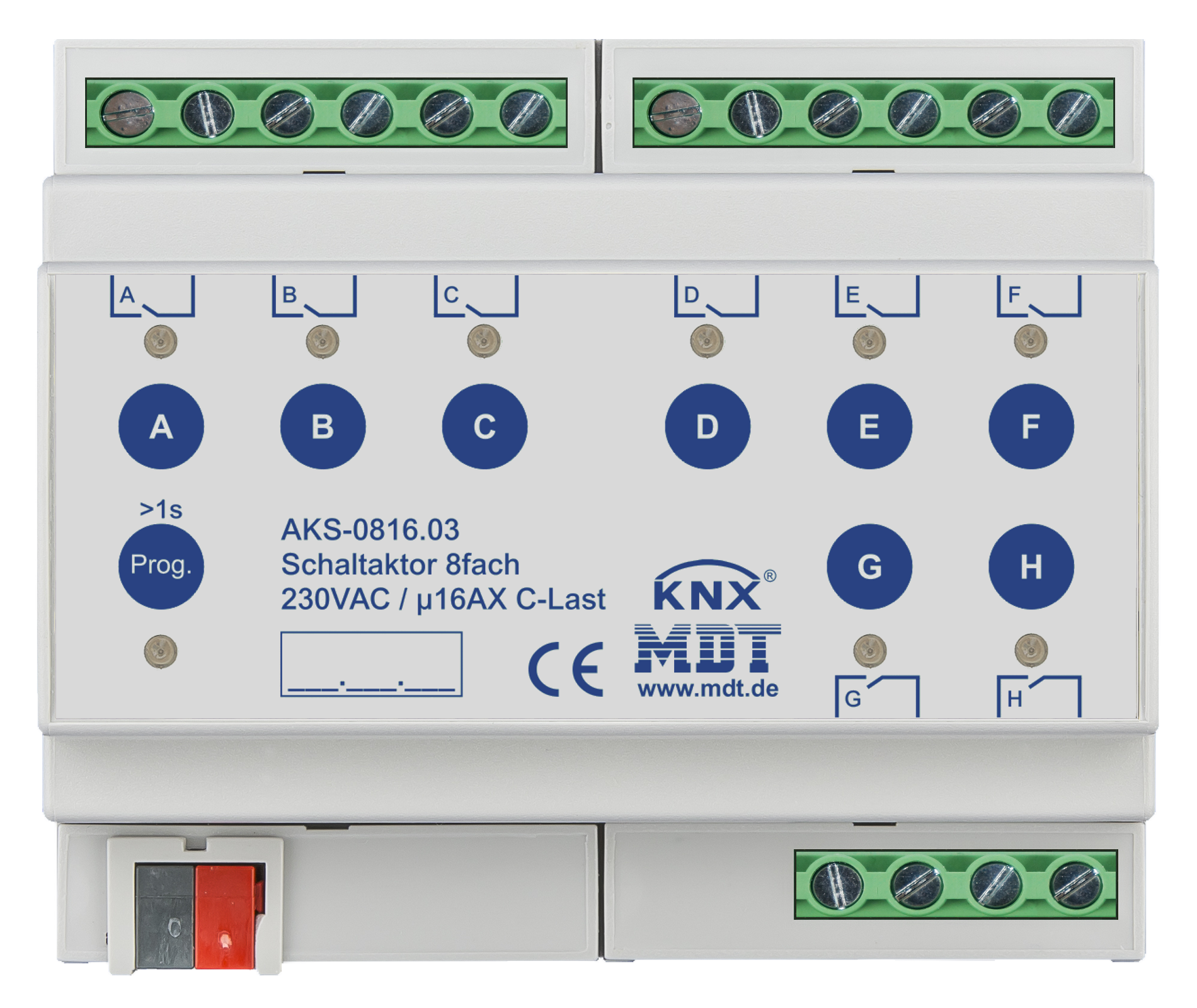 MDT Schaltaktor 8-fach, 6TE, REG, 16A, 230VAC, C-Last, Standard, 140µF