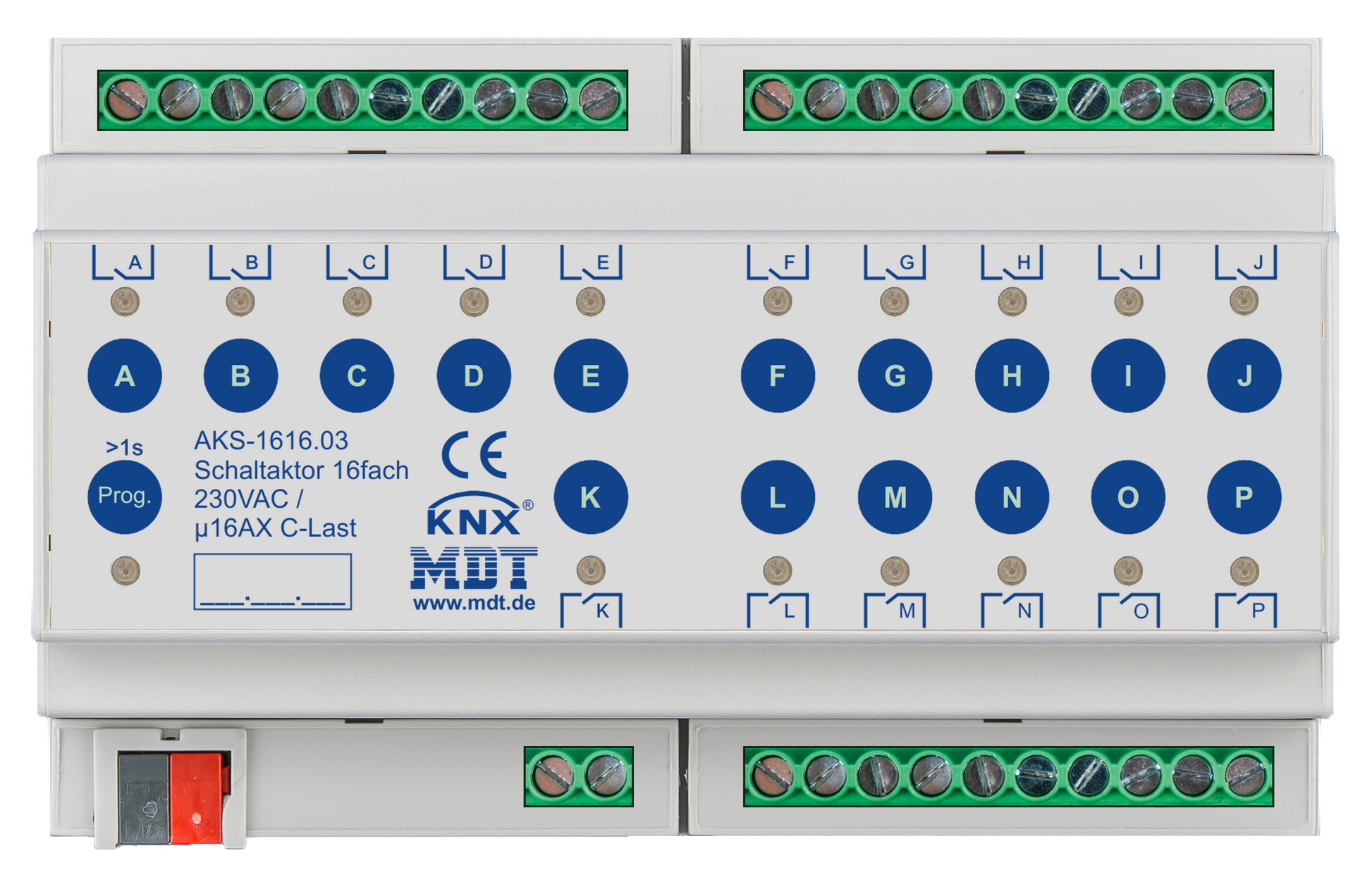 MDT Schaltaktor 16-fach, 8TE, REG, 16A, 230VAC, C-Last, Standard, 140µF