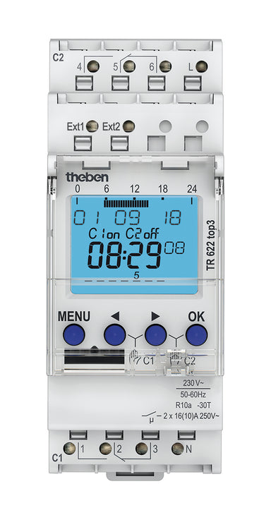 Digitale Zeitschaltuhr mit Wochenprogramm, TR 622 top3, von Theben.  Sichere Übertragung per optionalem Bluetooth Low Energy OBELISK top3.