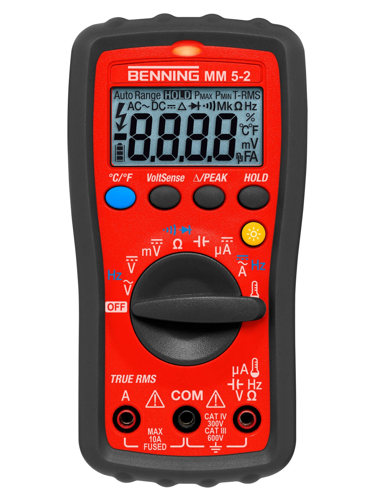 Der innovative Digital-Multimeter MM 5-2 von Benning mit Echt-Effektivwertmessverfahren (TRUE RMS) und integriertem Voltsensor.
