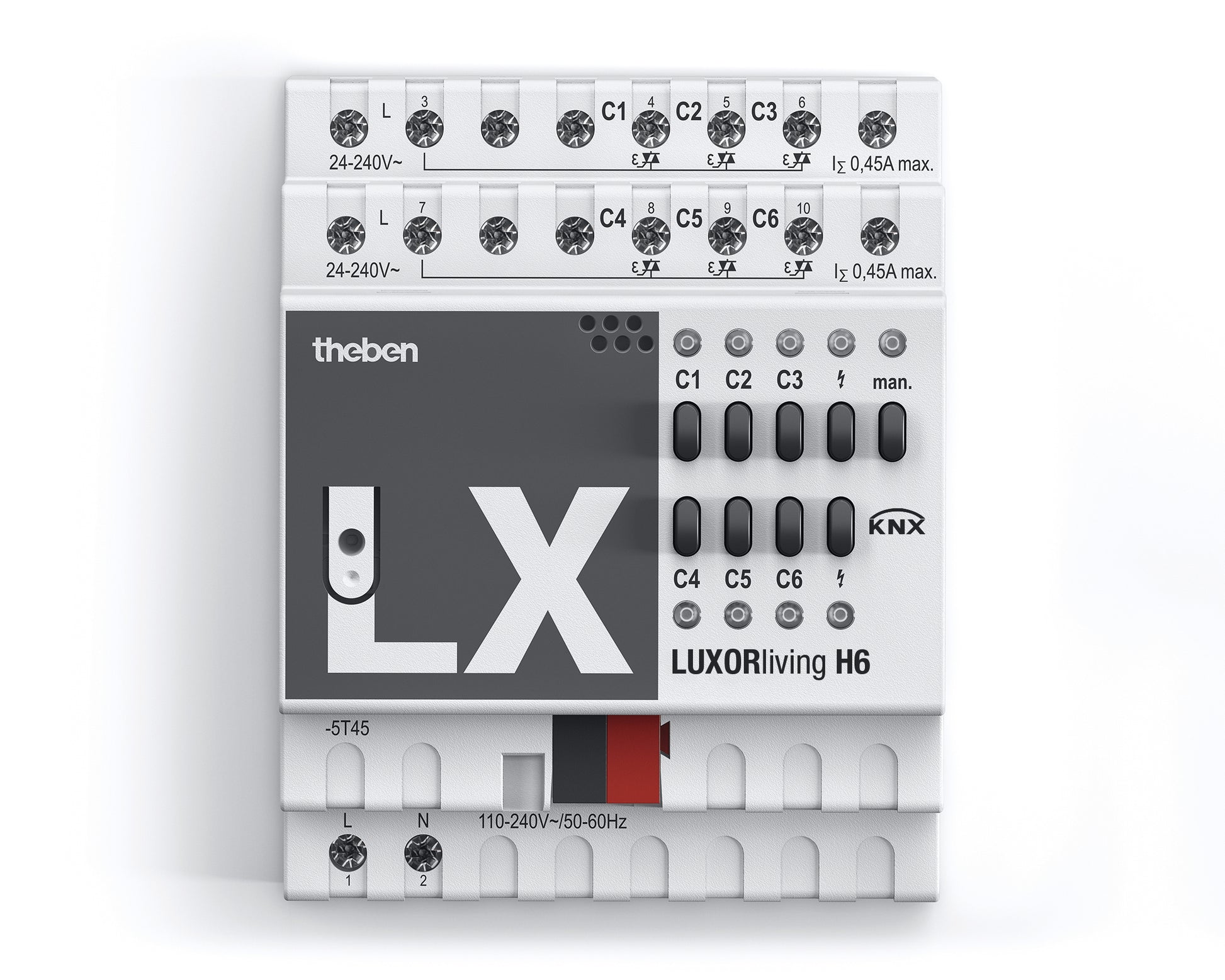 6-fach Heizungaktor LUXORliving von Theben. Zum Steuern von 6 thermischen Stellantrieben 24–240 V AC in 2 Gruppen mit jeweils 3 Ausgängen und 450 mA.