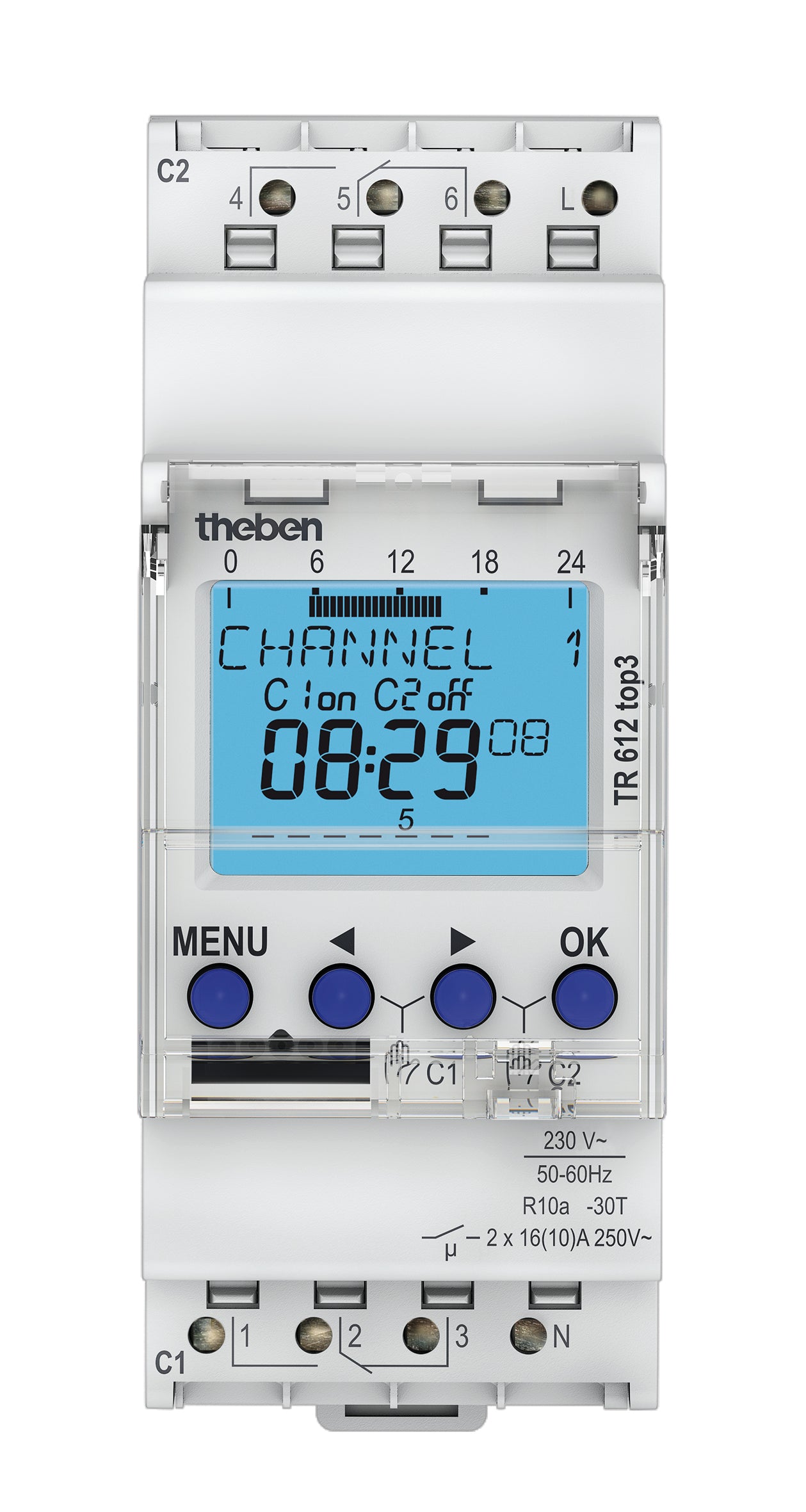 Digitale Zeitschaltuhr mit Wochenprogramm, TR 612 top3, von Theben. Maximale Manipulationssicherheit, Zeitschaltprogramme können nur dann von der App in die Uhr übertragen werden, wenn der Bluetooth OBELISK top3 in der Uhr steckt.