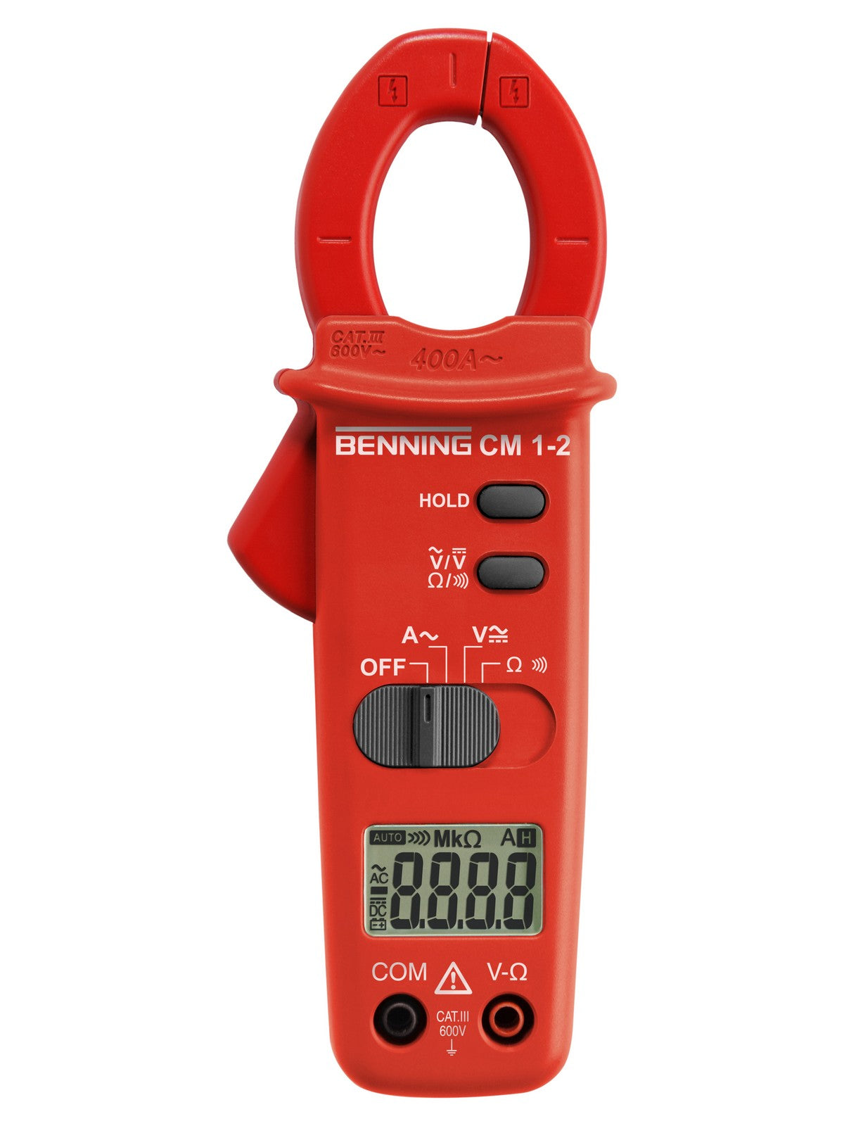 Digital-Stromzangen-Multimeter CM 1-2 von Benning. Messeingänge für Spannung, Widerstand, Durchgangs- und Diodenprüfung.