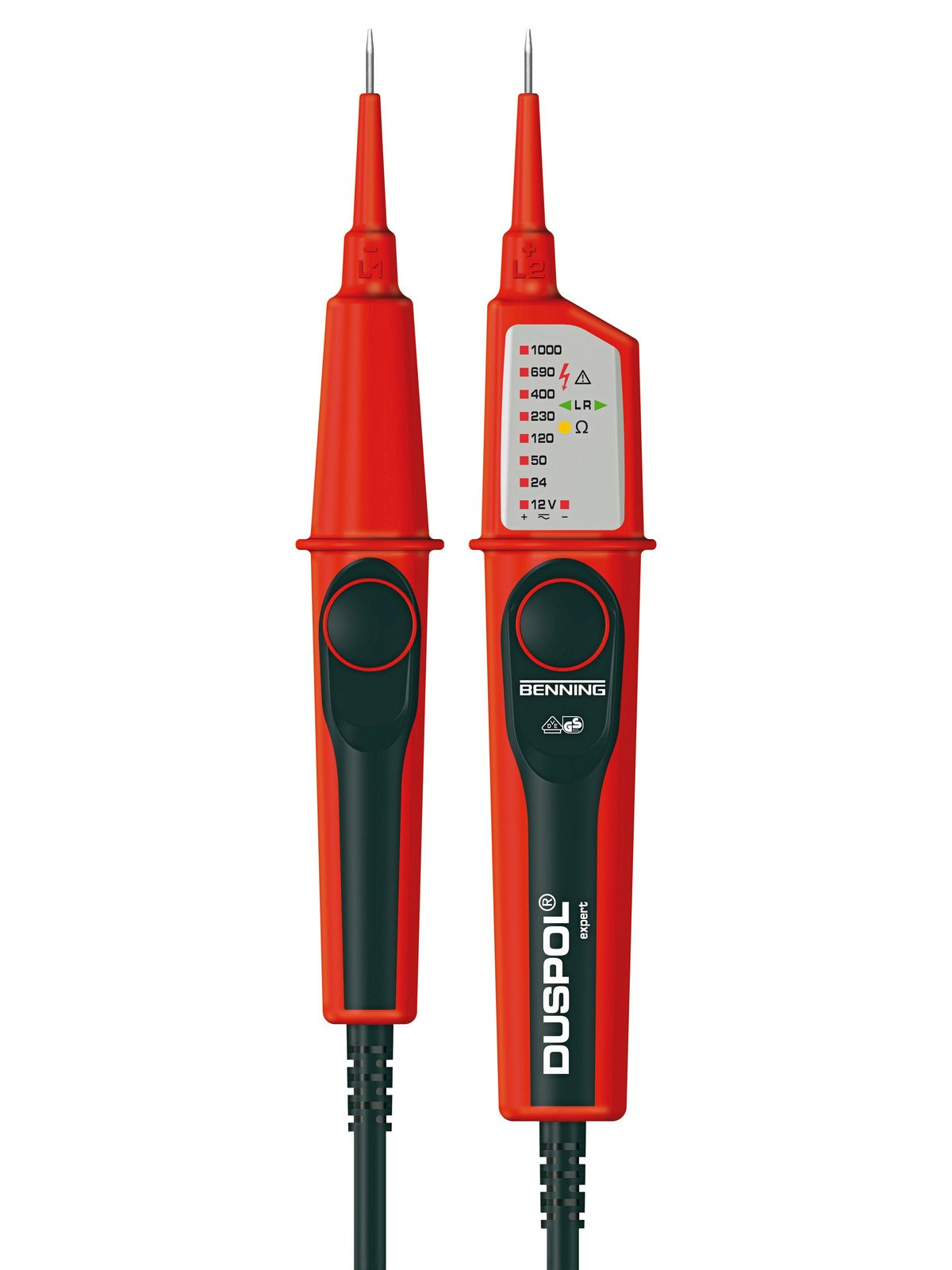 Spannungs- und Durchgangsprüfer DUSPOL expert von Benning mit LCD Display und LED Anzeige.