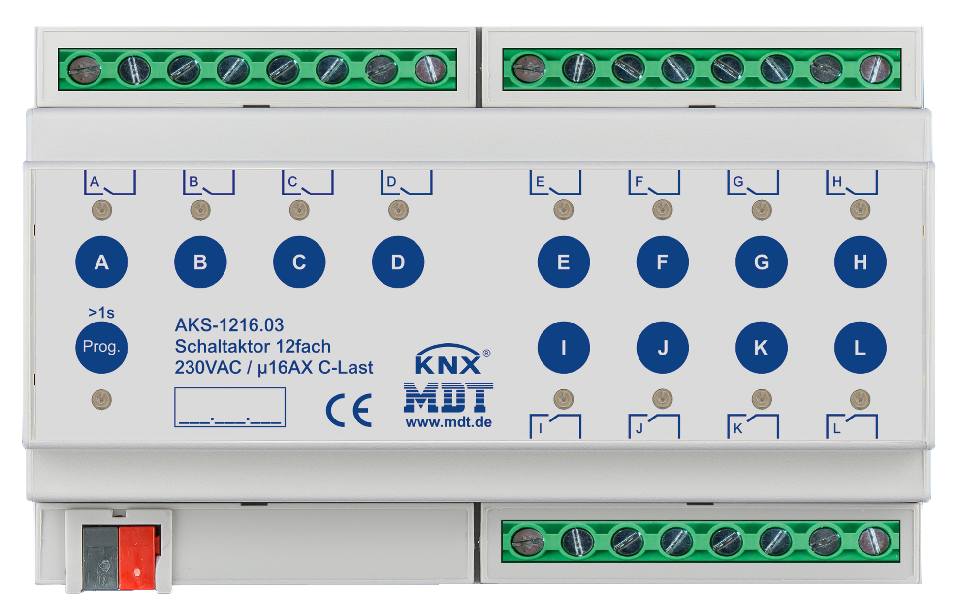 MDT Schaltaktor 12-fach, 8TE, REG, 16A, 230VAC, C-Last, Standard, 140µF