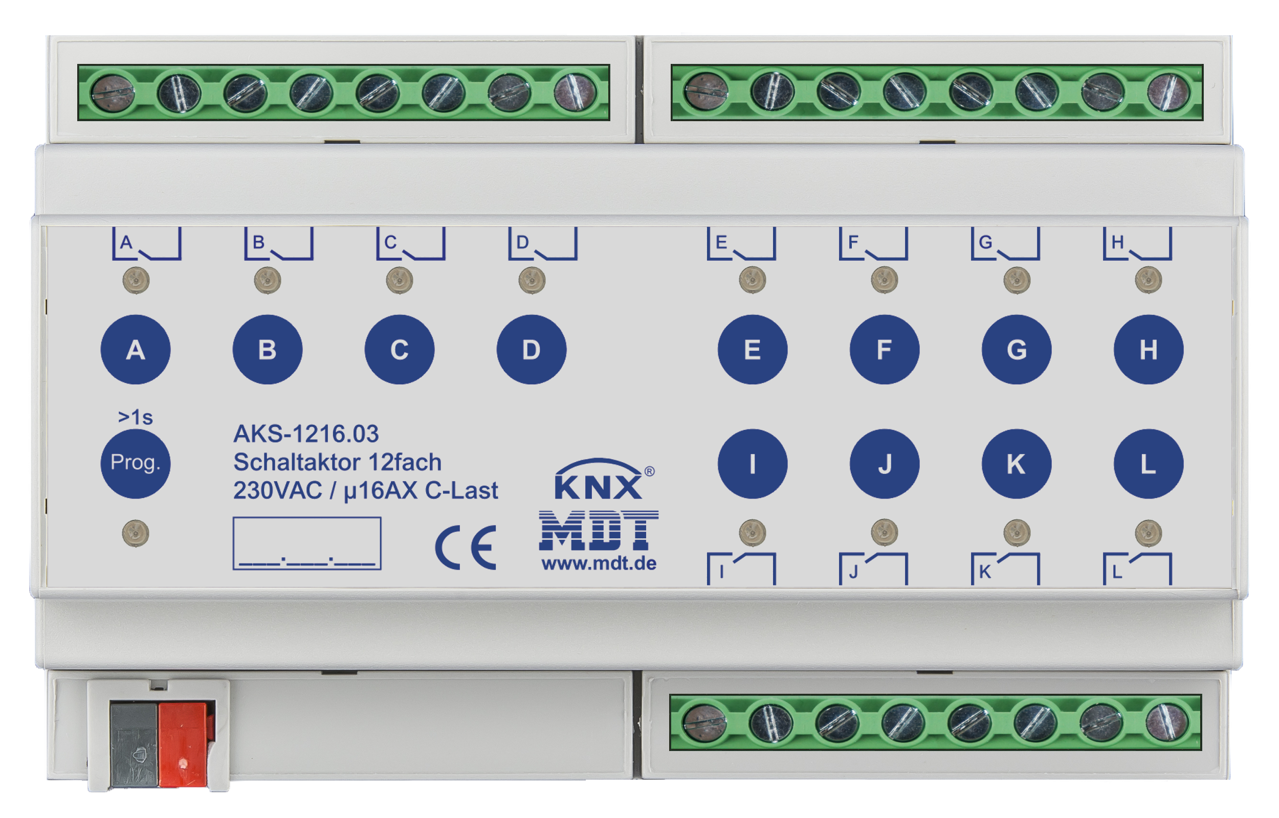 MDT Schaltaktor 12-fach, 8TE, REG, 16A, 230VAC, C-Last, Standard, 140µF