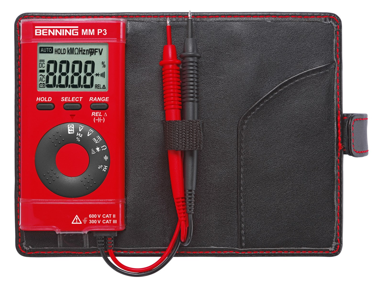 Digital-Multimeter MM P3 von Benning im Taschenformat. Grundmessarten für Spannung, Widerstand, Frequenz und Kapazität.