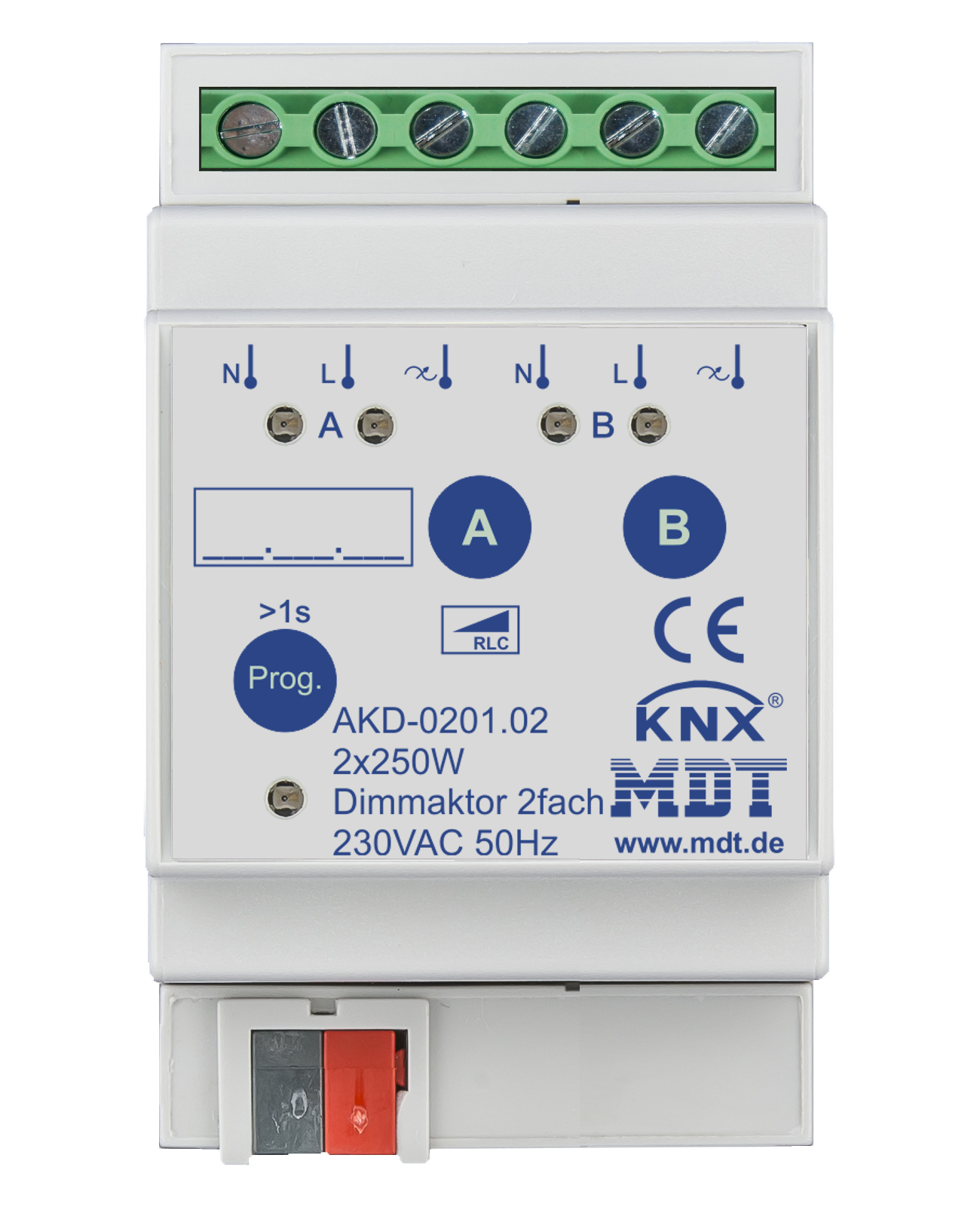 MDT Dimmaktor 2-fach, 3TE REG, 250W, 230VAC mit Wirkleistungsmessung