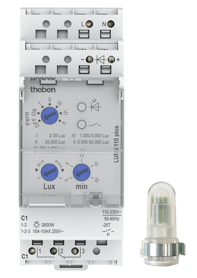 Analoger Dämmerungsschalter, LUNA 110 plus AL, von Theben. Externer Lichtsensor im Lieferumfang. Einstellbare Ein- und Ausschaltverzögerung.