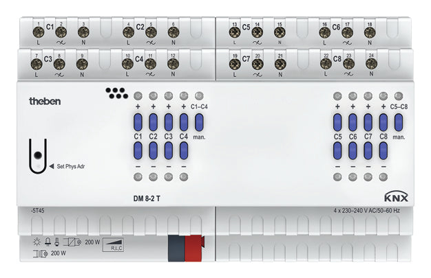 Theben,  Universal-Dimmaktor DM 8-2 T KNX für dimmbare LED, Glüh- und Halogenlampen, Energiesparlampen, Trafos, Kompaktleuchtstofflampen und Lüfter. 