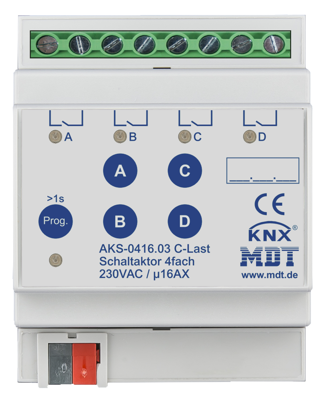 MDT Schaltaktor 4-fach, 4TE, REG, 16A, 230VAC, C-Last, Standard, 140µF